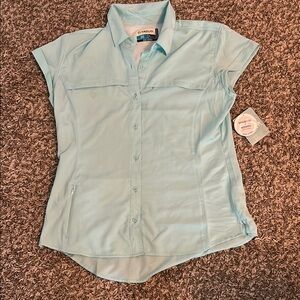Magellan Outdoors Pale Blue Fitted Polo Collar Button Down Shirt